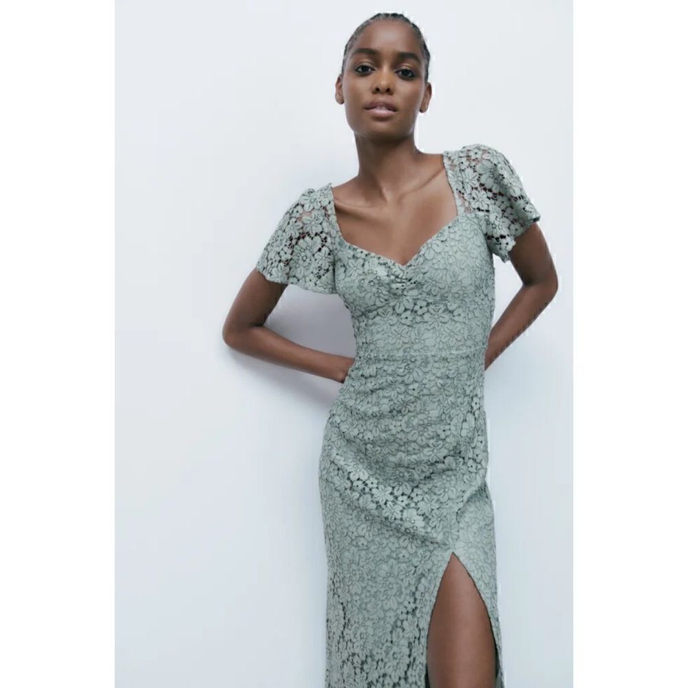NWT Zara Green Lace V-Neck Short Sleeve Front Slit Hem Midi Dress, Size Small - Picture 4 of 16